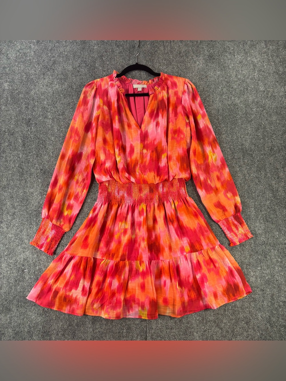 Chelsea28 Pink & Orange Smocked-Waist Long-Sleeve Dress Womens Sz S